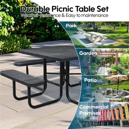 Sunnibety 8-Person Picnic Tables for Outdoors, Industrial 46" Expanded Metal Square Picnic Table with 4 Benches & Umbrella Hole, Outside Table and Bench Set for Garden, Backyard, Porch, Patio, Black