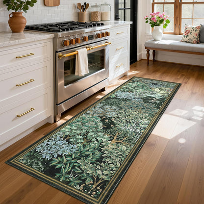 2.5x8, GarveeHome Forest Runner Rug Blue Green Washable Runner Rug for Kitchen, Botanical Low Pile Non Slip Stain