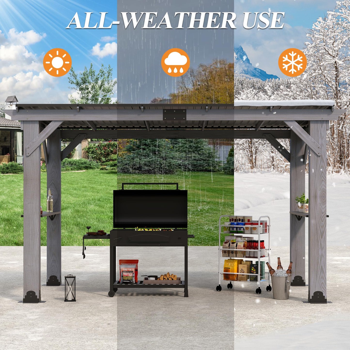 COVERONICS 12.5'x6.5' Outdoor Grill Gazebo - Hardtop Cedar Wood Gazebo with 2 Side Shelves and Galvanized Steel Roof, Patio Wooden BBQ Pergola for Porch, Garden and Backyard