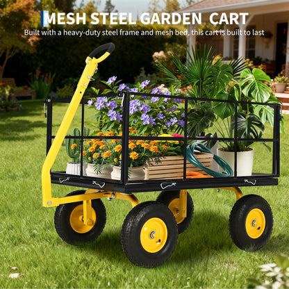Heavy Duty 1500 Lbs Capacity Mesh Steel Garden Cart Folding Utility Wagon with Removable Sides and Wheels for Transporting Gardening Soil Tools and Plants