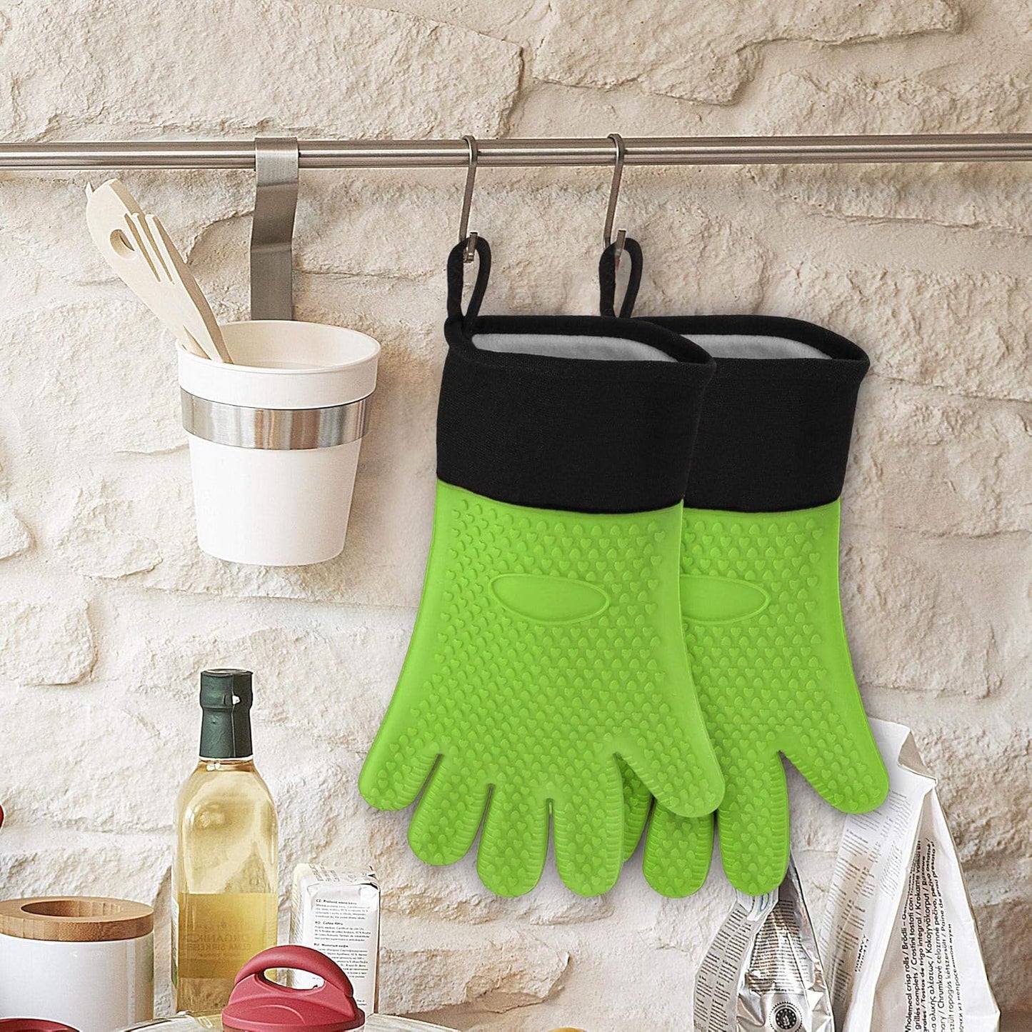 uxcell Silicone Oven Mitts, Heat Resistant Gloves, Non-Slip Grip, Kitchen Hand Protection, Green, 1 Pair
