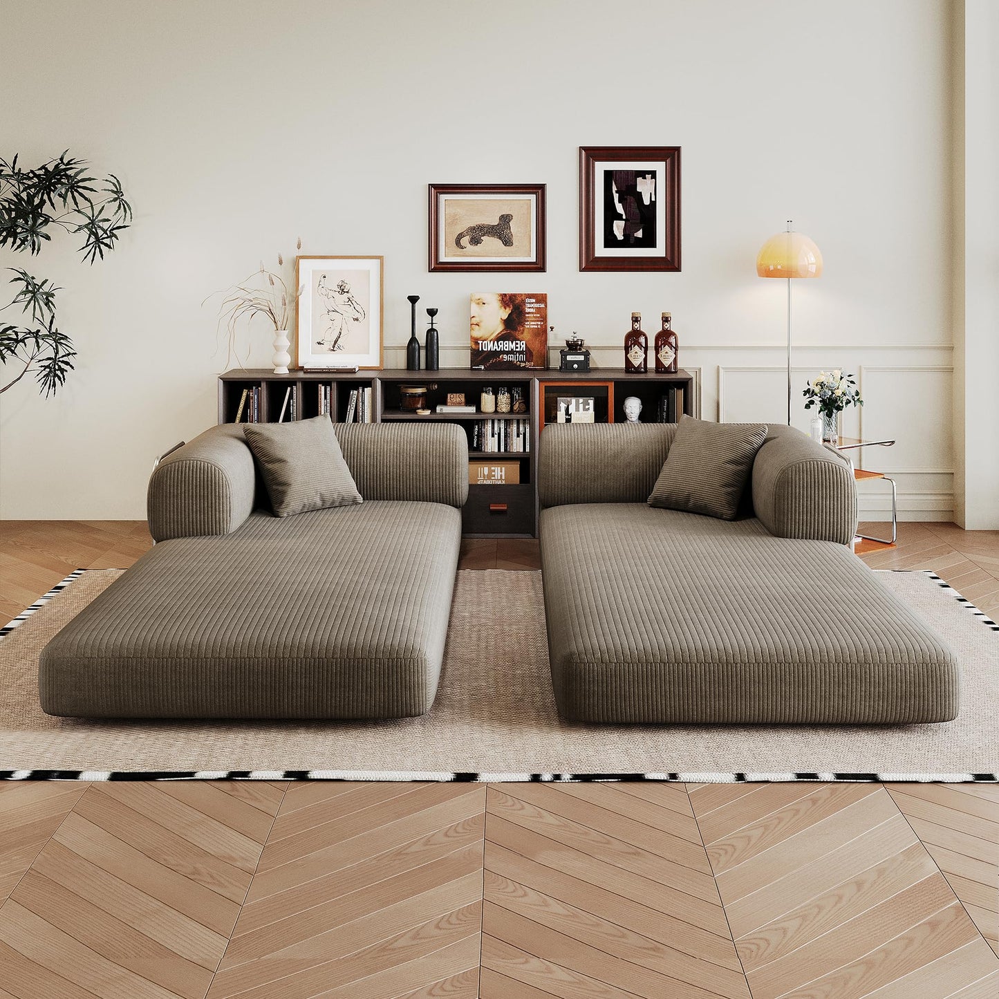 KEIKI 78.8 inch Compression Sofa, Convertible Floor Sofa Bed, Comfy Futon Couch Sleeper Bed, Corduroy Folding Loveseats for Living Room, Camel