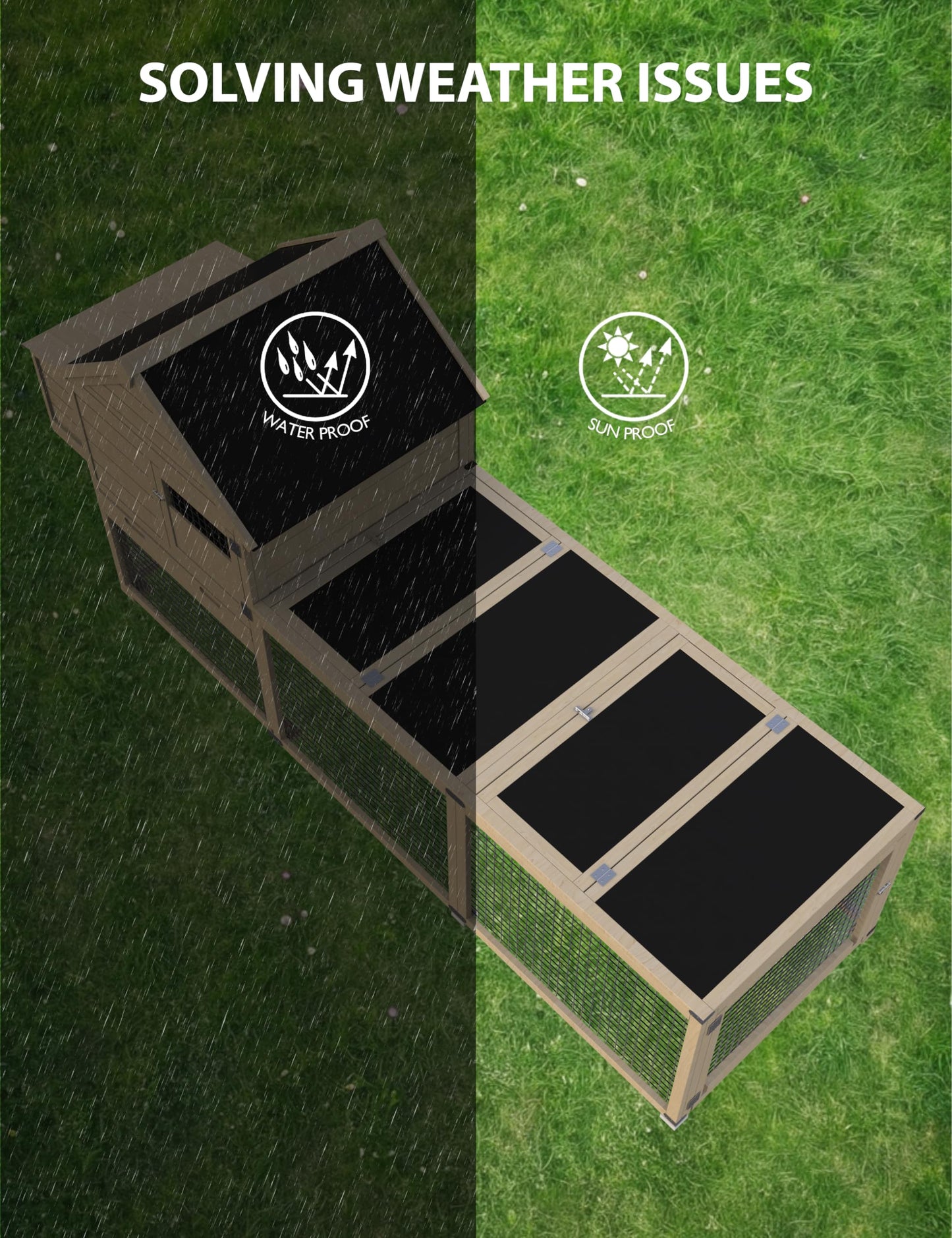 KYBOLT Rabbit Cage, Indoor and Outdoor Rabbit Hutch, Chicken Coop Small Animal Pen and Hutch Enclosure with Anti-UV Waterproof Roof, No Leak Pull Out Tray, Run and Ramp, 109in, Wood Color
