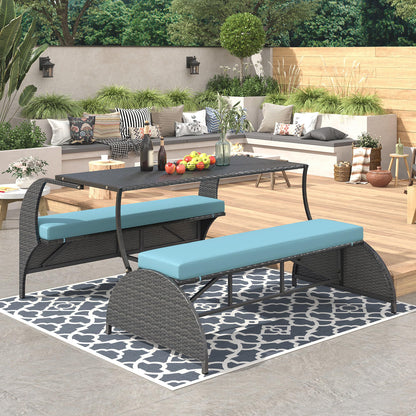 Llsmnba 2-in-1 Outdoor Convertible Bench to Picnic Table, Loveseat Sofa Set with Cushions, Patio Dining Furniture Set, Blue Cushion