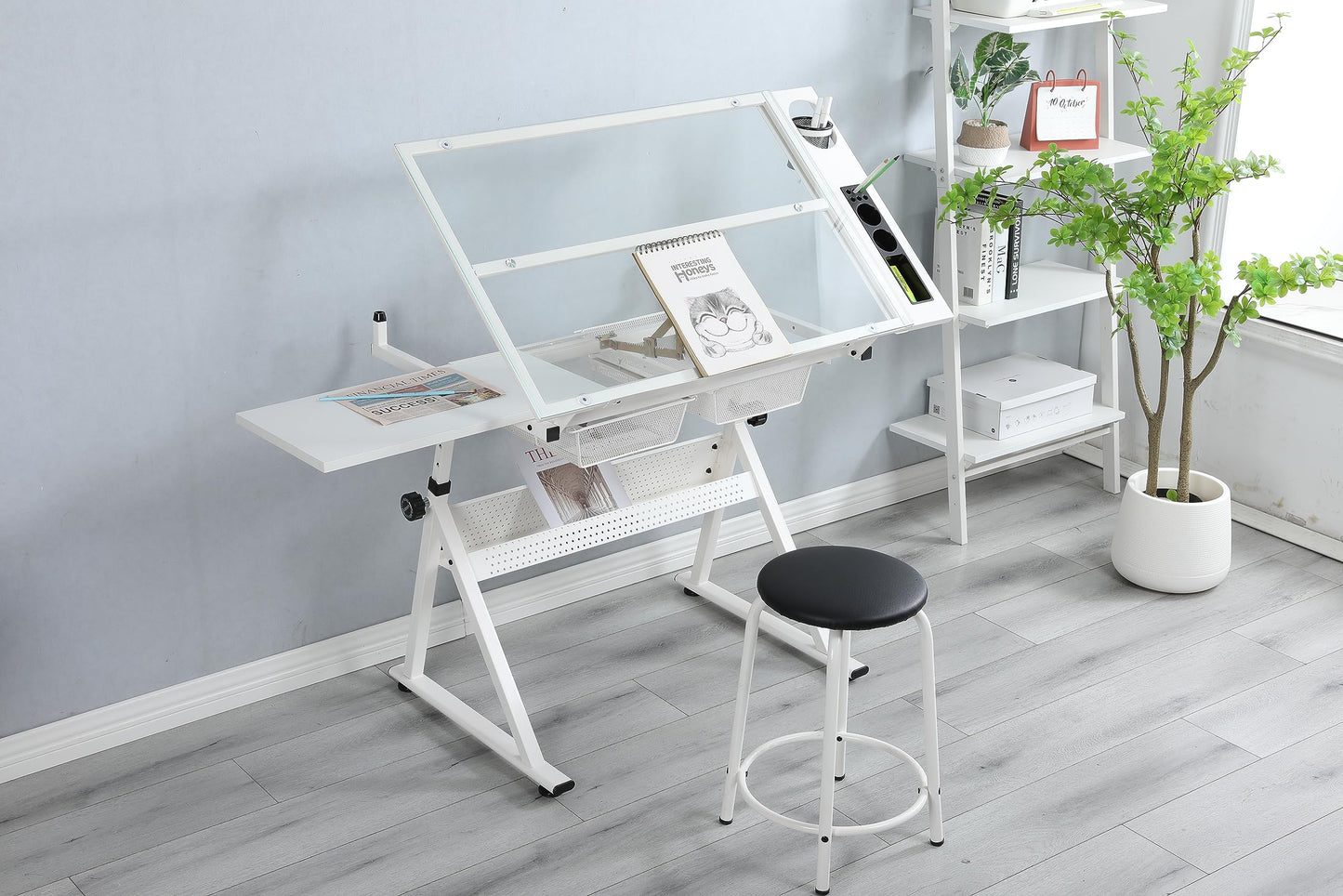 GOWE White Adjustable Tempered Glass Drafting Printing Table with Chair