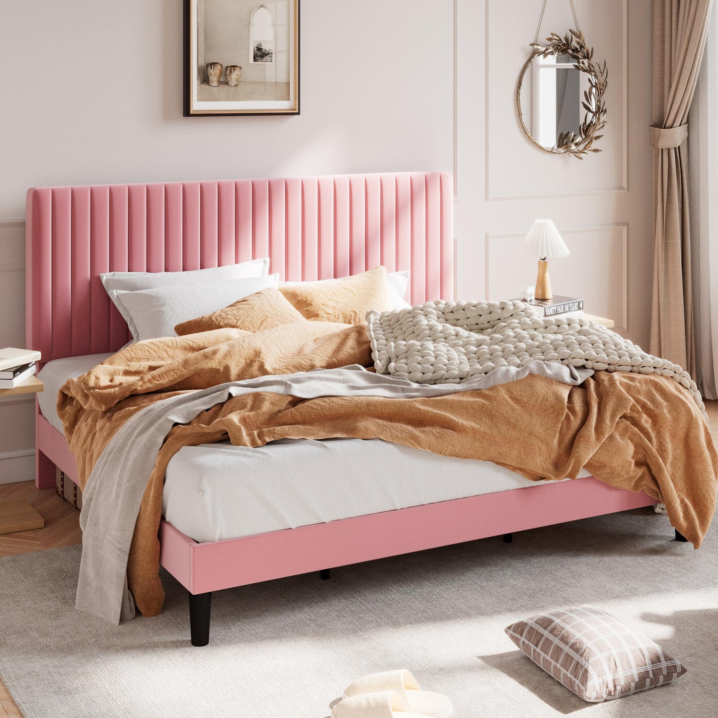 SHA CERLIN King Upholstered Platform Bed Frame with Adjustable Headboard/Vertical Channel Tufted Velvet Fabric/Wooden Slats Support/Mattress Foundation/Box Spring Optional/Pink