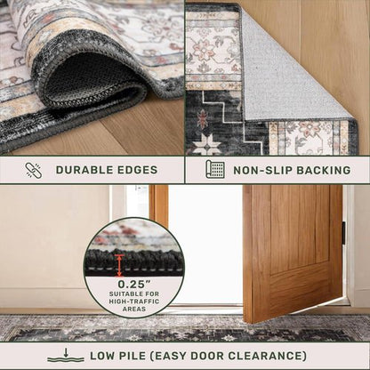 Boho Dining Room Rugs - 6x9 Washable Black Area Rug | Low Pile Non-Slip Design for Living Room & Bedroom