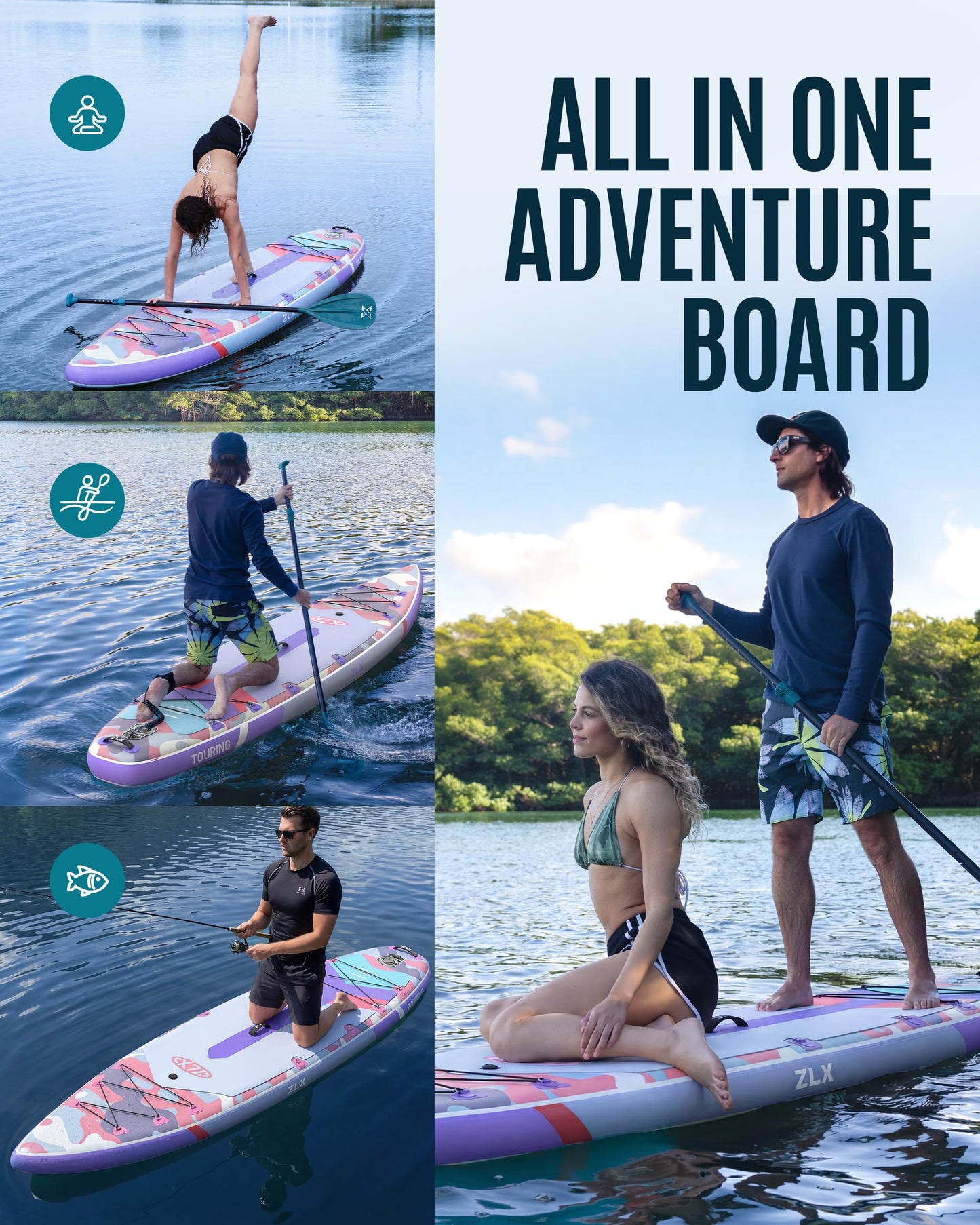 ZLX 11'6" Extra Wide Inflatable Paddle Board with Seat, Touring Stand Up Paddleboard, Fast Long-Distance SUP, Stable Center Fin, Portable Backpack & Accessories for Adults, 500lb/3 People/Family