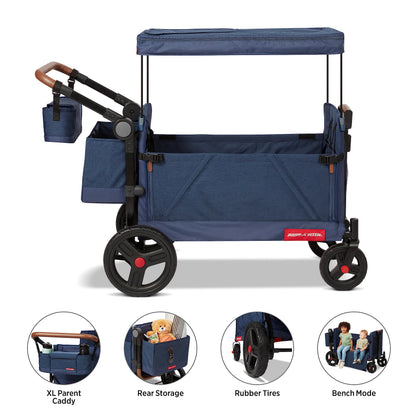 Radio Flyer Atlas Stroll 'N Wagon, Navy Blue, For Ages 1+, 3-in-1 Push or Pull Versatility, One-Hand Fold, UV Canopy, 5-Point Harnesses, Storage Capabilities, Rubber Wheels, Stroller Wagon for Kids