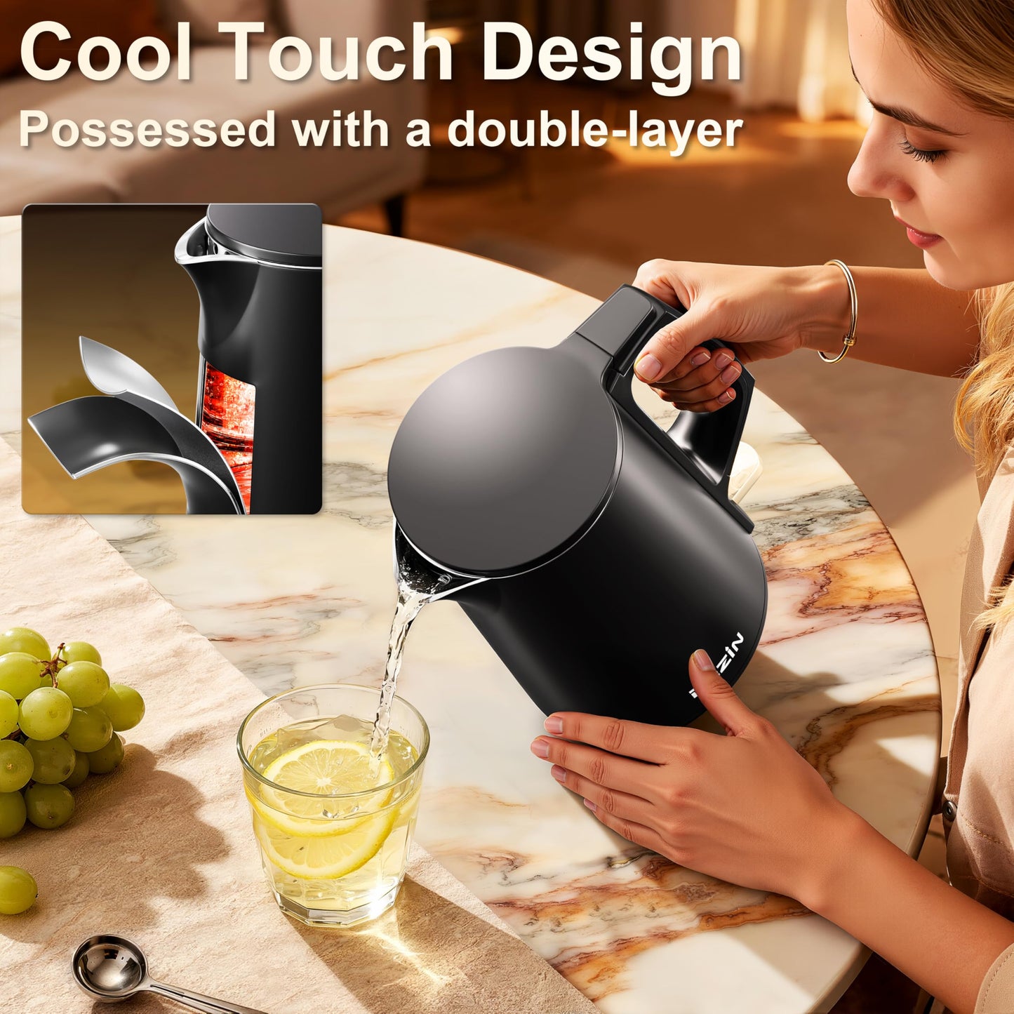 Dezin 0.8L Electric Kettle, Small Electric Kettle with Double Wall Construction, 304 Stainless Steel Electric Tea Kettle for Business Trip, Portable Travel Kettle with Auto Shut-Off