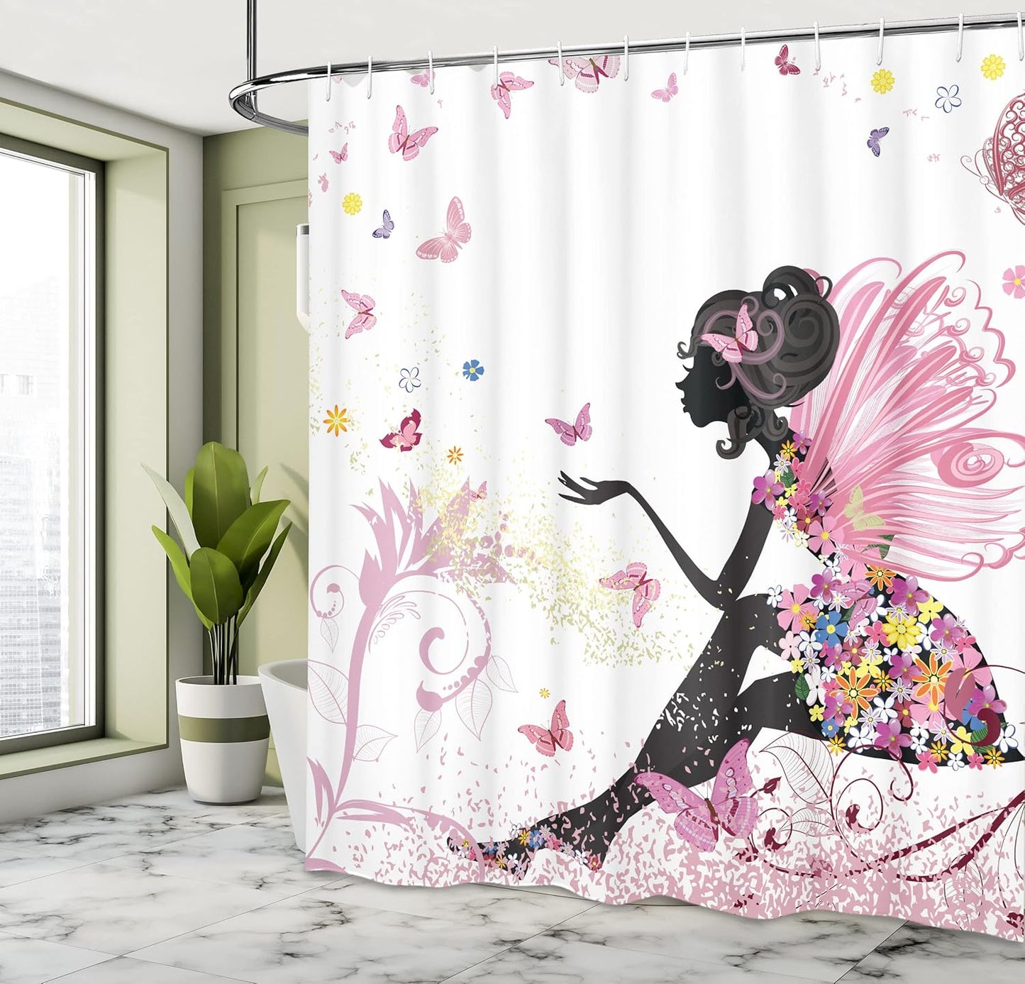 Ambesonne Girls Shower Curtain, Pink Butterfly Girl with Floral Dress, Fabric Bathroom Decor Set, 84 Inches