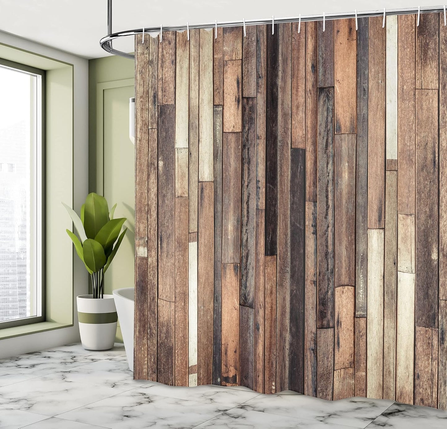 Ambesonne Wooden Shower Curtain Set, 69" W x 75" L, Brown - Farmhouse Style Bathroom Decor with Hooks