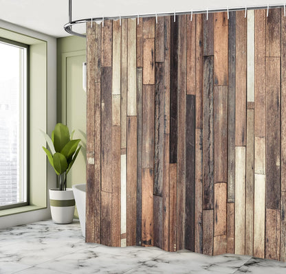 Ambesonne Wooden Shower Curtain Set, 69" W x 75" L, Brown - Farmhouse Style Bathroom Decor with Hooks