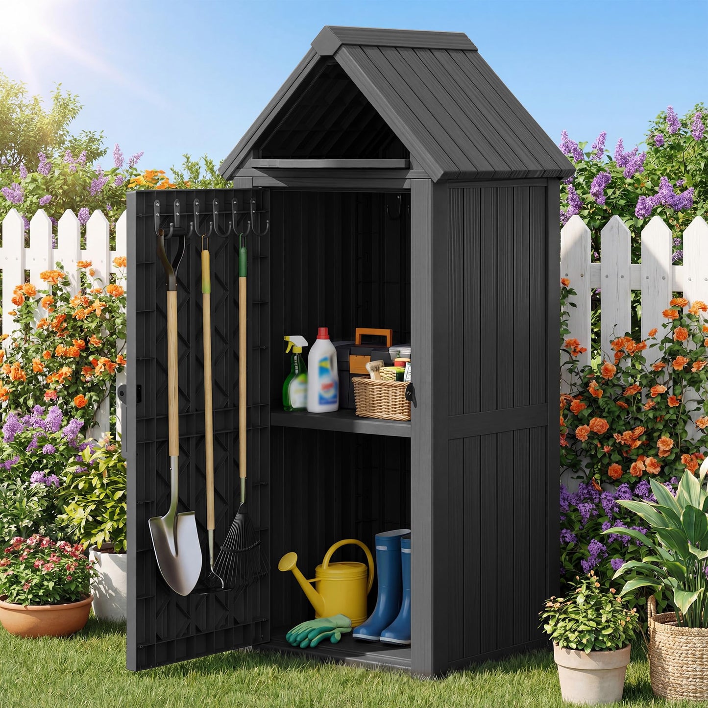 WTFGO Vertical Outdoor Storage Shed, Waterproof Resin Outdoor Storage Cabinet with Removable Shelves & 12 Hooks, Lockable Small Tool Shed for Garden, Backyard, Patio, Pool, Classic Black