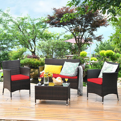 COSTWAY 8PCS Rattan Patio Furniture Set, Outdoor Wicker Rattan Chairs with Coffee Table, Rattan Cushioned Conversation Set for Backyard Balcony Porch Poolside, Red