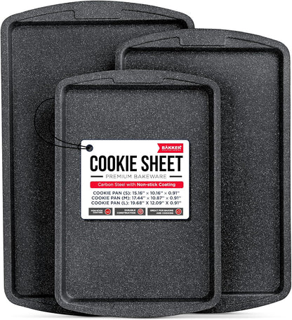 Bakken Swiss Cookie Sheet 3 Piece Set, Non-Stick Stackable Baking Pans with Gray Marble Deluxe Ceramic Coating