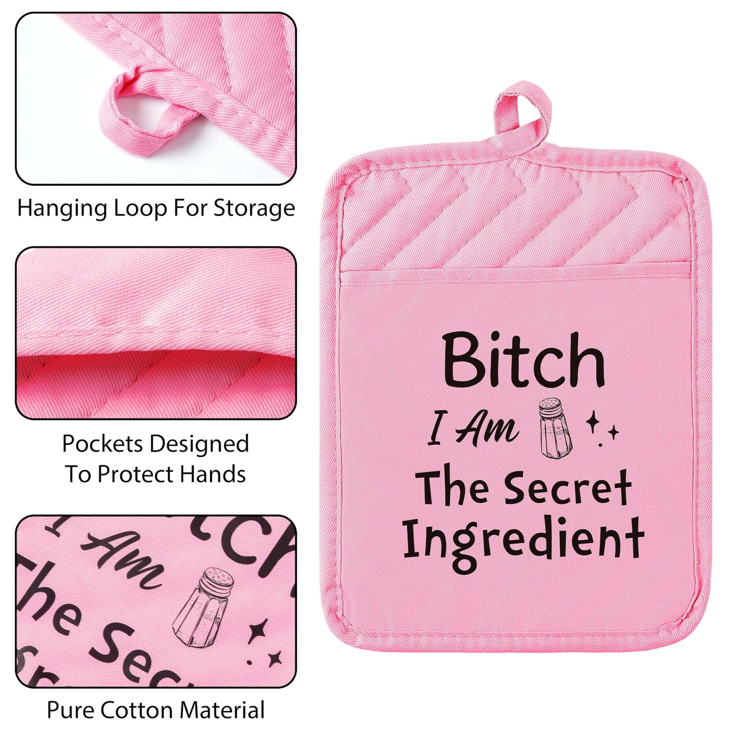 GROBRO7 6Pcs Funny Oven Mitts Pot Holders Baking Gift, I Am The Secret Ingredient Resistant Hot Pad Machine Washable Gloves with Hanging Pocket Potholder for Friend Women Gift for Love Kitchen Cooking