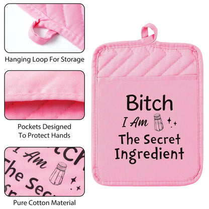 GROBRO7 6Pcs Funny Oven Mitts Pot Holders Baking Gift, I Am The Secret Ingredient Resistant Hot Pad Machine Washable Gloves with Hanging Pocket Potholder for Friend Women Gift for Love Kitchen Cooking