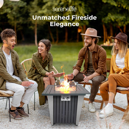 SereneLife Propane Fire Pit Table with Sturdy Metal, Gas Pits with 50,000 BTU and Stainless Steel Fire Pan, Includes Decorative Glass Rocks, Weather Cover, CSA Certified for Outdoor Fireplaces