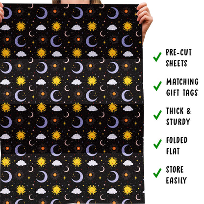 CENTRAL 23 Black Celestial Gift Wrap - 6 Sheets With Moons, Suns & Stars Galaxy - Birthday Wrapping Paper For Teens, Adults & Astrology Lovers - Christmas Holidays, Halloween - Recyclable