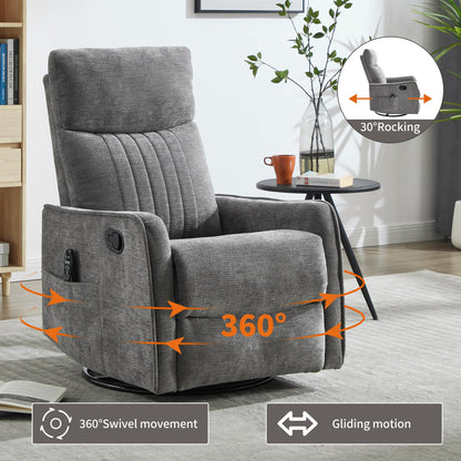 KEIKI 4-in-1 Manual Swivel Rocker Recliner Chair for Living Room, Chenille Nursery Glider Rocking Chairs with Back Massager & Heat, Ideal for Senior Adults True Relaxation, Dark Gray