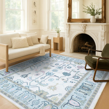 Fame Living Cream Green Oushak Rug, Modern, Vintage, Turkish, Eclectic, Floral, Pastel, Washable, Large Area Rugs for Living Room, Dining, Bedroom, Girls, Boys, 7'5"x9'8"