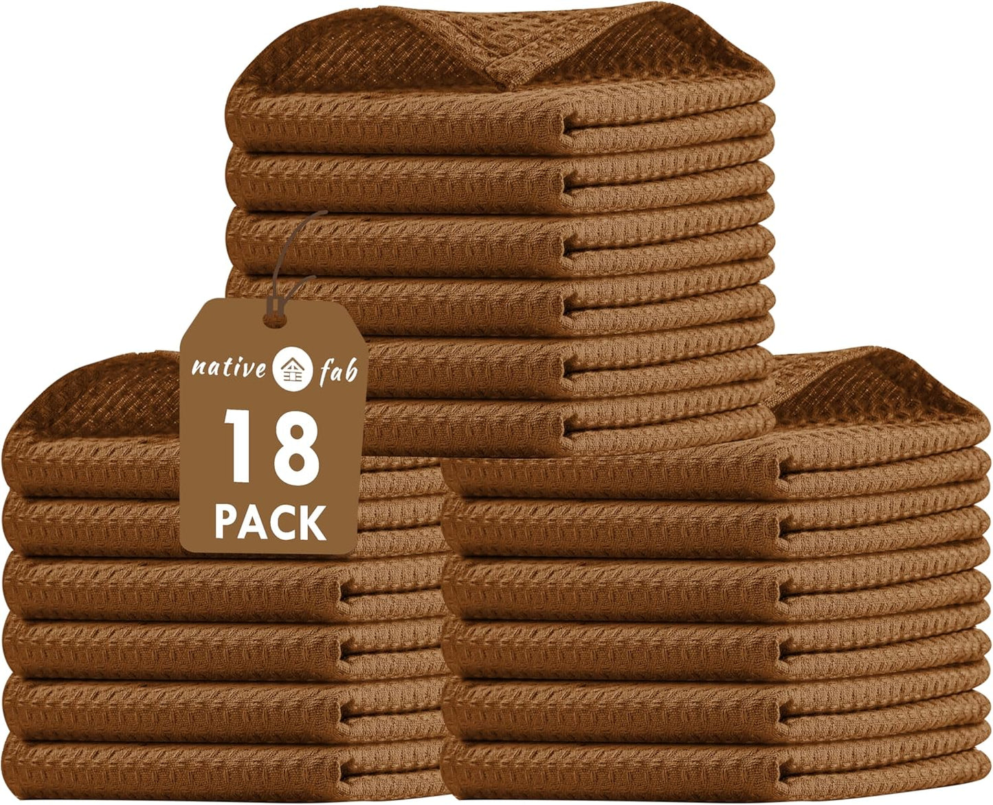 18 Pack 12x12 inch, 100% Native Fab Waffle Dish Cloths - Cotton, Absorbent, Quick Drying, Washable & Reusable Towels