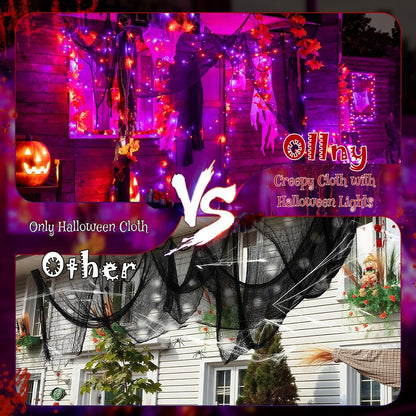 Ollny Halloween Lights 100LED 33FT, Orange and Purple String Lights with Creepy Cloth(197 x 63 in), Battery Operated Fairy Lights with 8 Lighting Modes Timer for Outdoor Party Yard Decor