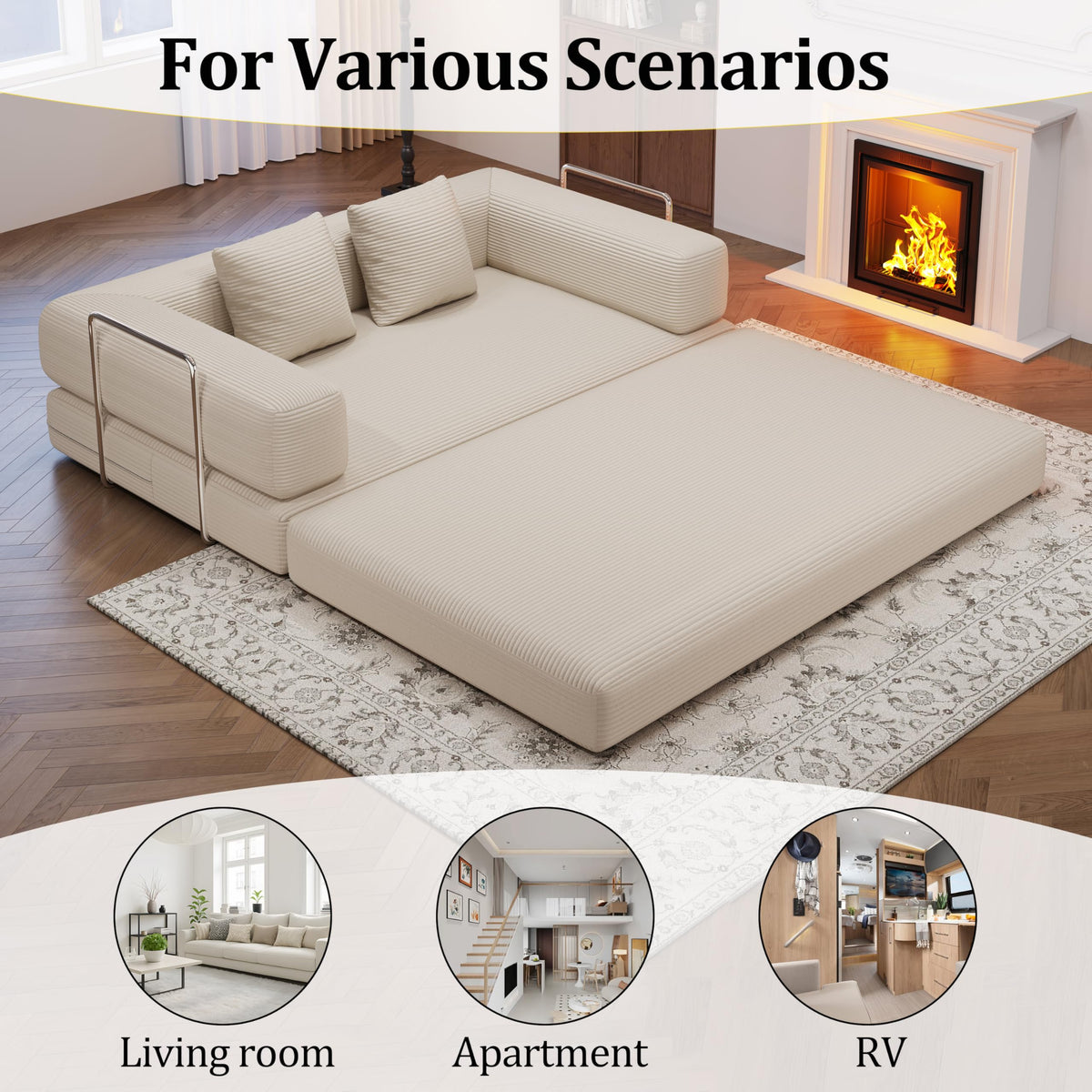 BSHOMGI Folding Sofa Bed, 4 in 1 Convertible Sofas to Lounger Comfy Floor Portable Foldable Sleeper Lazy Futon Couch Chair for Bedroom, Living Room (Beige, 59” 2 Seat)