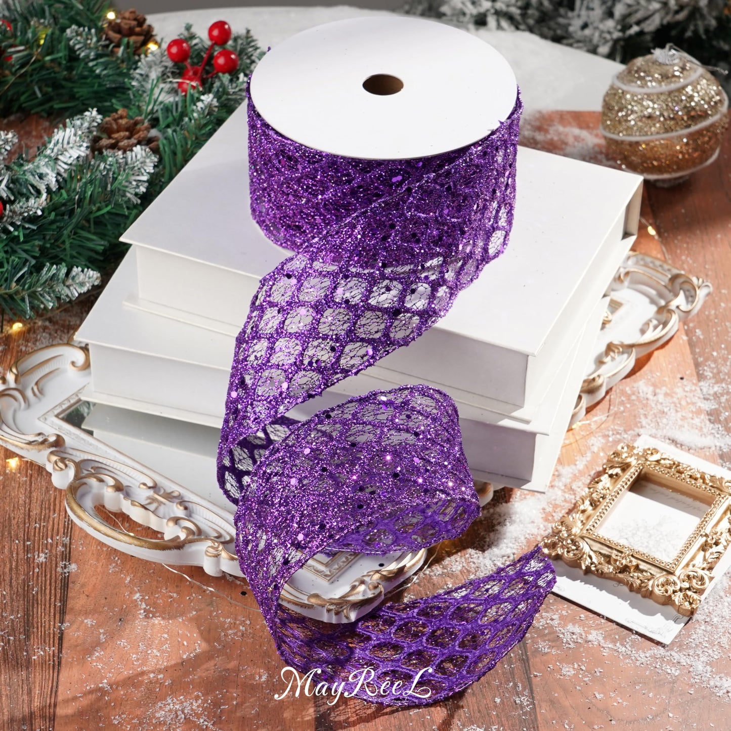 MAYREEL 2.5 Inch Purple Wired Ribbon Diamond Glitter Wire Ribbon for Halloween Christmas Decorations Gift Wrapping Wreath Supplies Tree Toppers 10 Yards