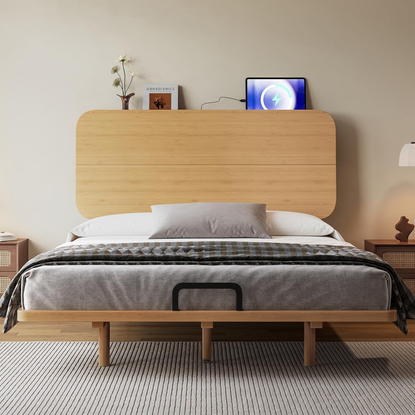 KEIKI Full Size Bamboo Platform Bed with Headboard and USB Ports, Mid-Century Modern Floating Bed Frame with Solid Support Slats, No Box Spring Needed, Easy Assembly, Noise Free, for Bedroom, Natural