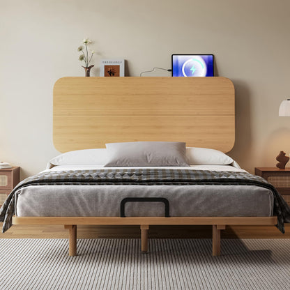 KEIKI Full Size Bamboo Platform Bed with Headboard and USB Ports, Mid-Century Modern Floating Bed Frame with Solid Support Slats, No Box Spring Needed, Easy Assembly, Noise Free, for Bedroom, Natural