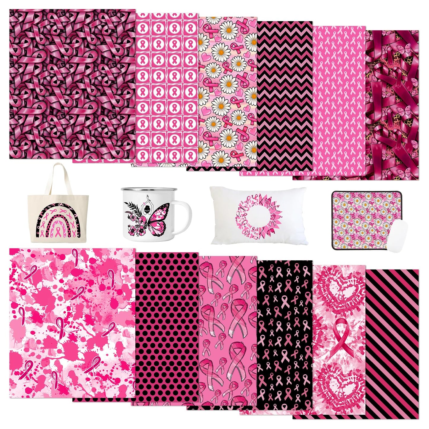 Tintnut Black Pink Ribbon Sublimation Ink Transfer Sheets - 12 Sheets 12"x10"Pink Ribbon Pattern Sublimation Transfer Paper Bundle for DIY Mugs, Tumblers, Key Chain, T-Shirts