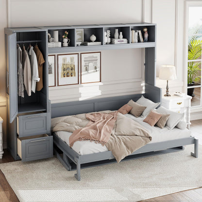 Ball & Cast Murphy Bed Full Size with Five-Layer Cabinet,Solid Wood Storage Hidden Wall Bedframe,W/Folding Designed,Space-Saving,for Home Office,Study,Guest Room,Gray