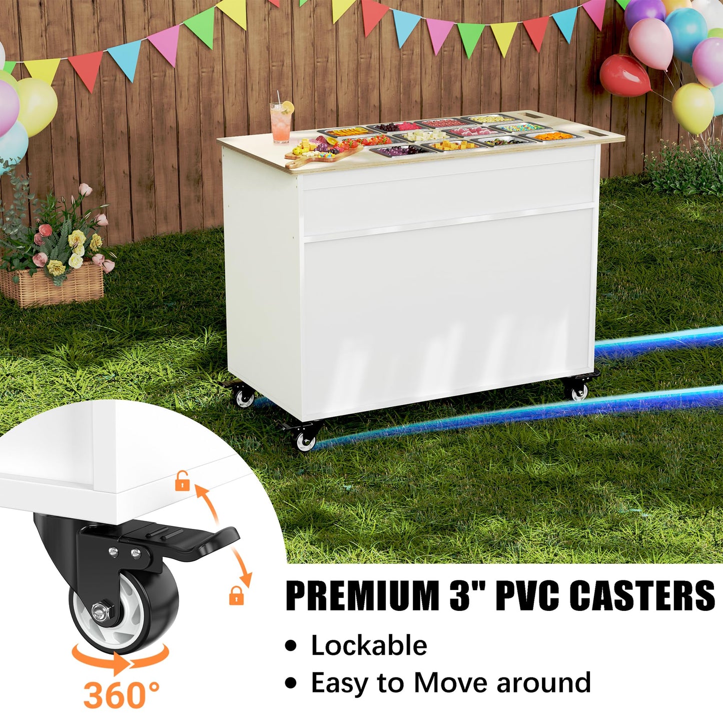 GDLF Charcuterie Cart with Stainless Steel Food Pans, Mobile Pizza Topping & Salad Bar Station, Buffet Serving Table for Home, Party & Catering