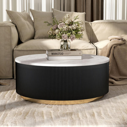 Furniture of America Beryl Modern Round White Genuine Marble Top Coffee Table with Fluted Pedestal Base and Gold Stainless Steel Accent, Low Profile Table for Living Room, Home Office, Black