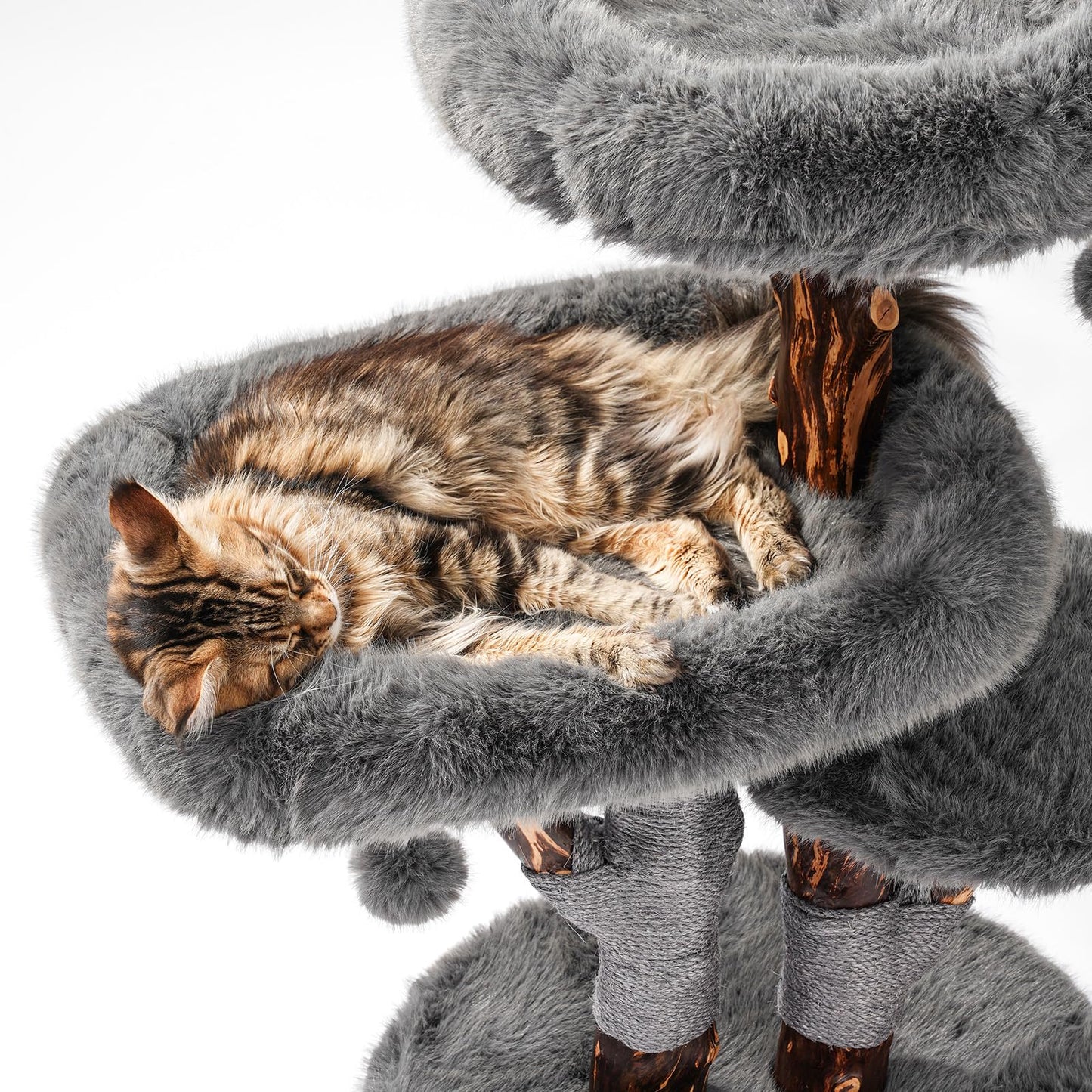 Aesthetic Cat Tree Tower for Large Cats, Modern Cat Tree for Maine Coon Indoor Cats with Faux Fox Fur, Maine Coon Cat Tree, Solid Wood Sisal Scratching Post, Perches, Platform & Toy Ball, Dark Gray