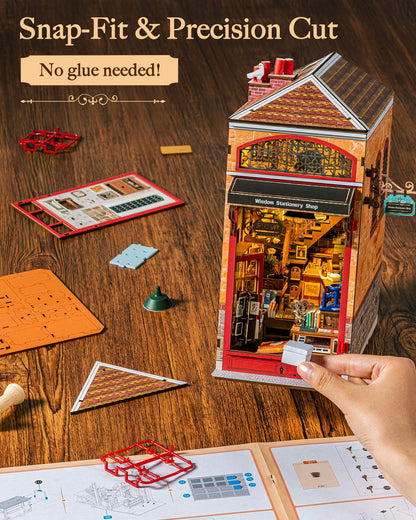 Rolife Wisdom Stationery Shop DIY Book Nook Kit, 8-Hour Advanced Level 3D Wooden Puzzle, Bookshelf Insert Decor, Miniature House Kit with LED Light, Cozy Reading Corner Gift for Adults & Book Lovers