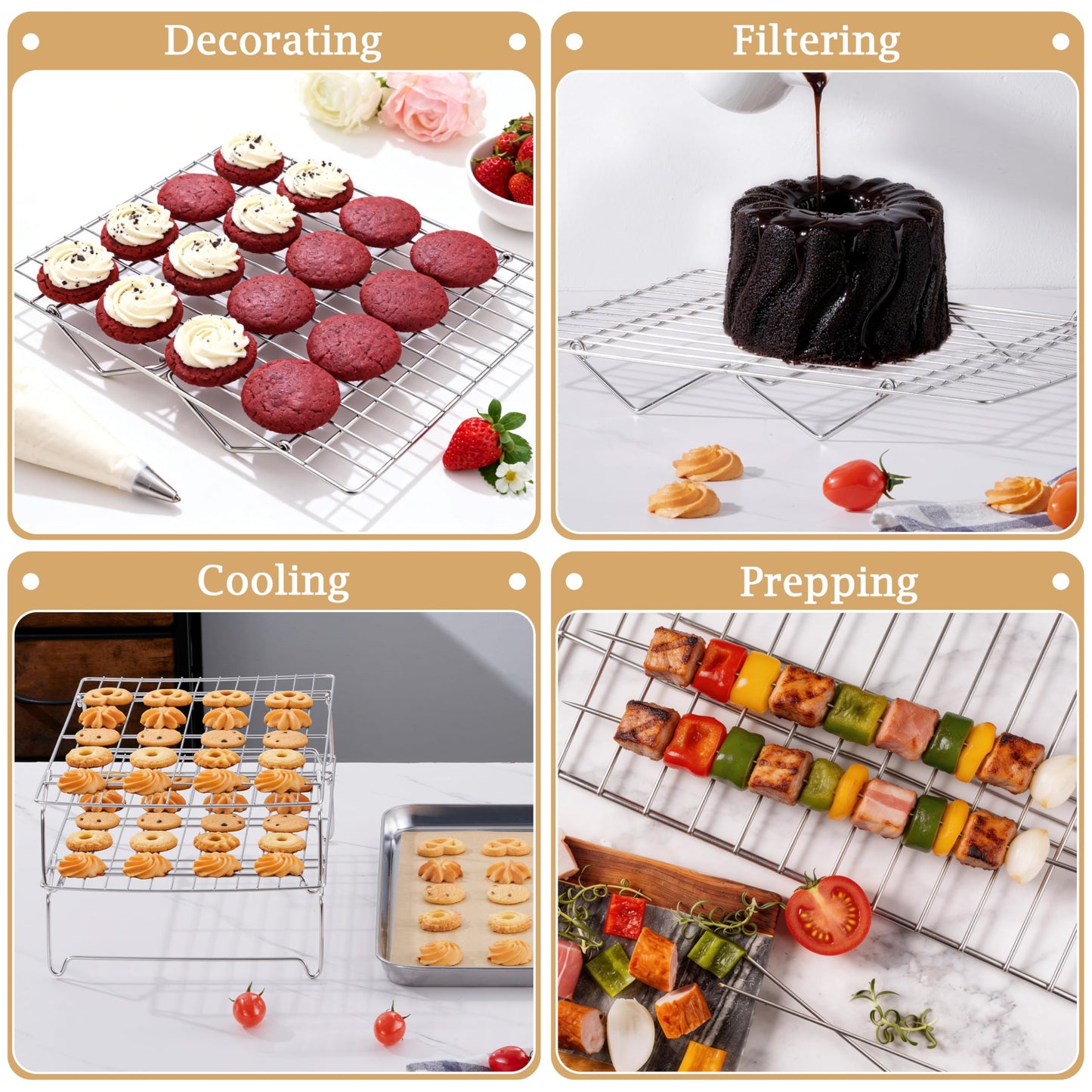 LIANYU Cooling Rack 15"x10", 5-Tier Stackable & Collapsible Stainless Steel Baking Wire Racks for Cooking, Baking, Roasting, Drying, Oven & Dishwasher Safe, Silver