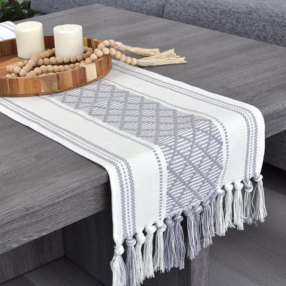 14x72 Inches Grey Table Runner with Tassel Gray & Cream Checks Geometric Design , Woven Washable Heavy Dresser Scarf