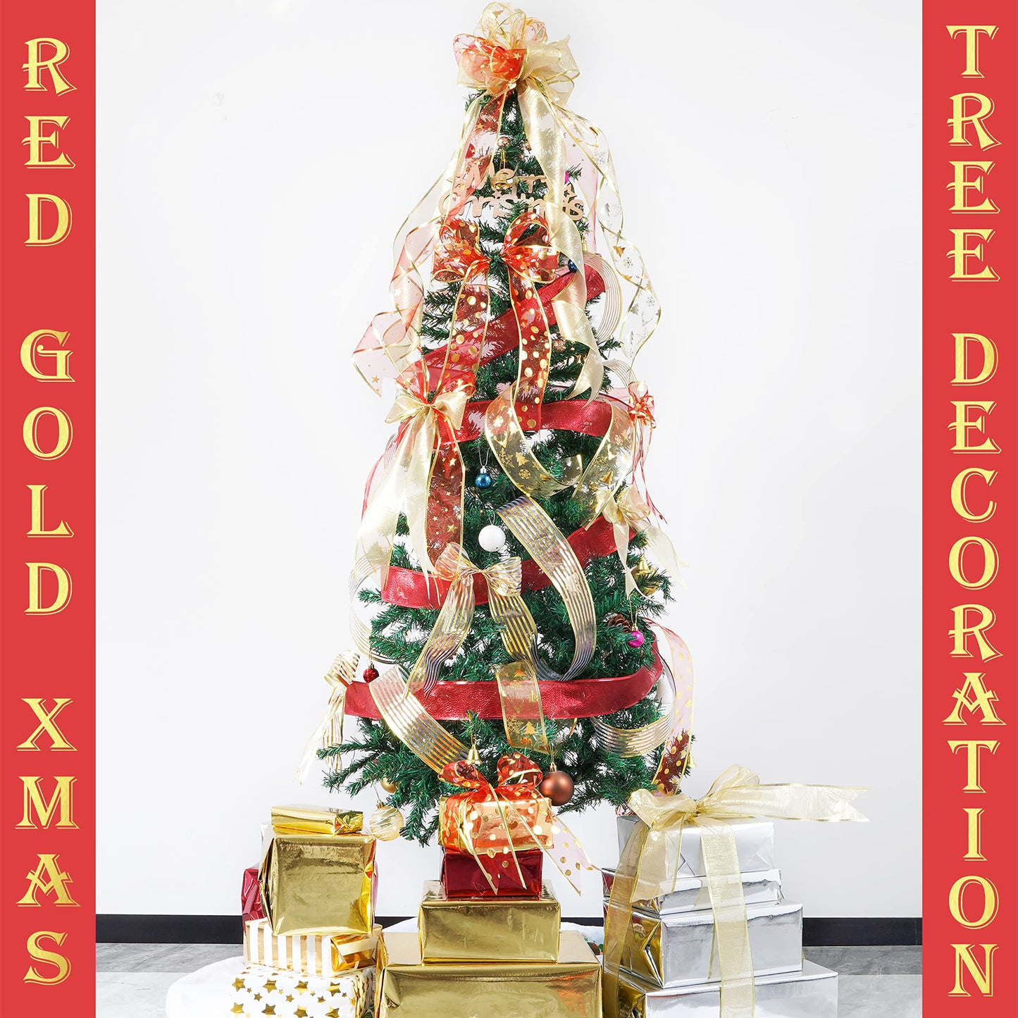 MEEDEE Red & Gold Christmas Ribbon - 2.5 Inch, 6 Rolls (36 Yards), Wired, Perfect for Tree Decoration, Wreaths & Bows