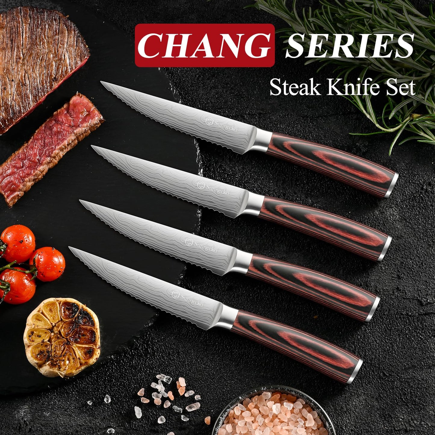 Sunnecko Razor-Sharp Steak Knives Set of 4,Premium Stainless Steel Serrated Steak Knife Set,Pakkawood Handle 4.5 Inch Kitchen Steak Knife with Gift Box