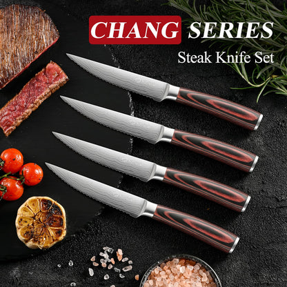 Sunnecko Razor-Sharp Steak Knives Set of 4,Premium Stainless Steel Serrated Steak Knife Set,Pakkawood Handle 4.5 Inch Kitchen Steak Knife with Gift Box