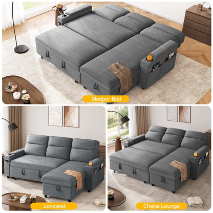 DWVO Convertible Sleeper Sofa with Adjustable Backrest & Pull Out Bed, L-Shaped Sectional Sofa Bed with Armrest & USB Port, Upholstered Sectional Couch for Living Room, No-Tool Assembly, Grey