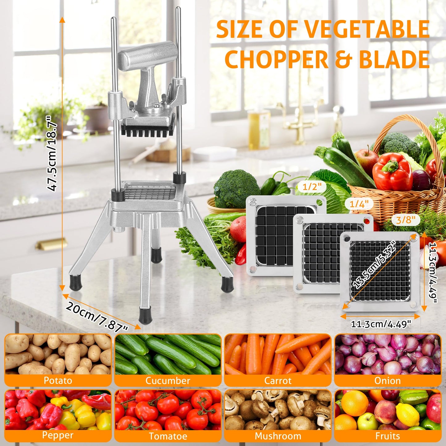 WICHEMI Commercial Chopper Vegetable Cutter Fruit Dicer w/3 Blades Commercial Onion Chopper Dicer Professional Food Dicer Heavy Duty Stainless Steel French Fry Cutter for Home Kitchen Restaurant Use
