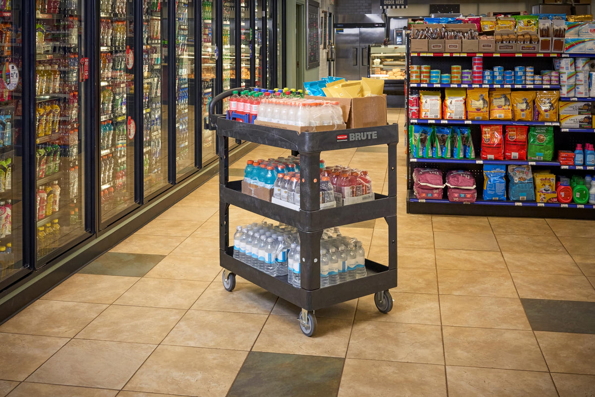 Rubbermaid Commercial Brute 3-Shelf Heavy-Duty Utility/Service Cart, Medium, High Storage, Lipped Shelves, Ergonomic Handle, 600 lb. Capacity, Ideal for Warehouse/Garage/Cleaning/Maintenance/Office
