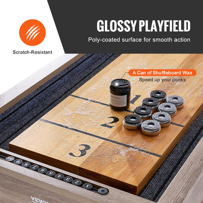 VEVOR Shuffleboard Table, 11.5 ft Shuffleboard for Family Game Rooms, 2 in 1 Shuffleboard and Bowling Combo Game Set, with Scratch-Resistant Playfield, Legs, 8 Pucks, Bowling Set, Wax, and Table Brush