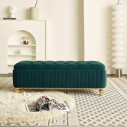 KEIKI 47" Rectangle Velvet Tufted Ottoman Bench with Solid Metal Leg, Modern Style Storage Footstool with Deep Button Tufting and Gold Embroidery, Easy Assembly, for Living Room, Bedroom, Green