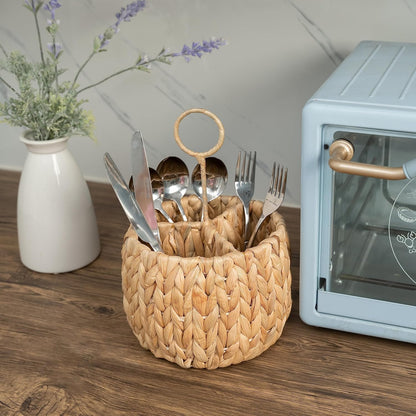 KOLWOVEN Wicker Flatware Organizer - Kitchen Utensil Holder for Countertop, Silverware Caddy with 3 Compartments