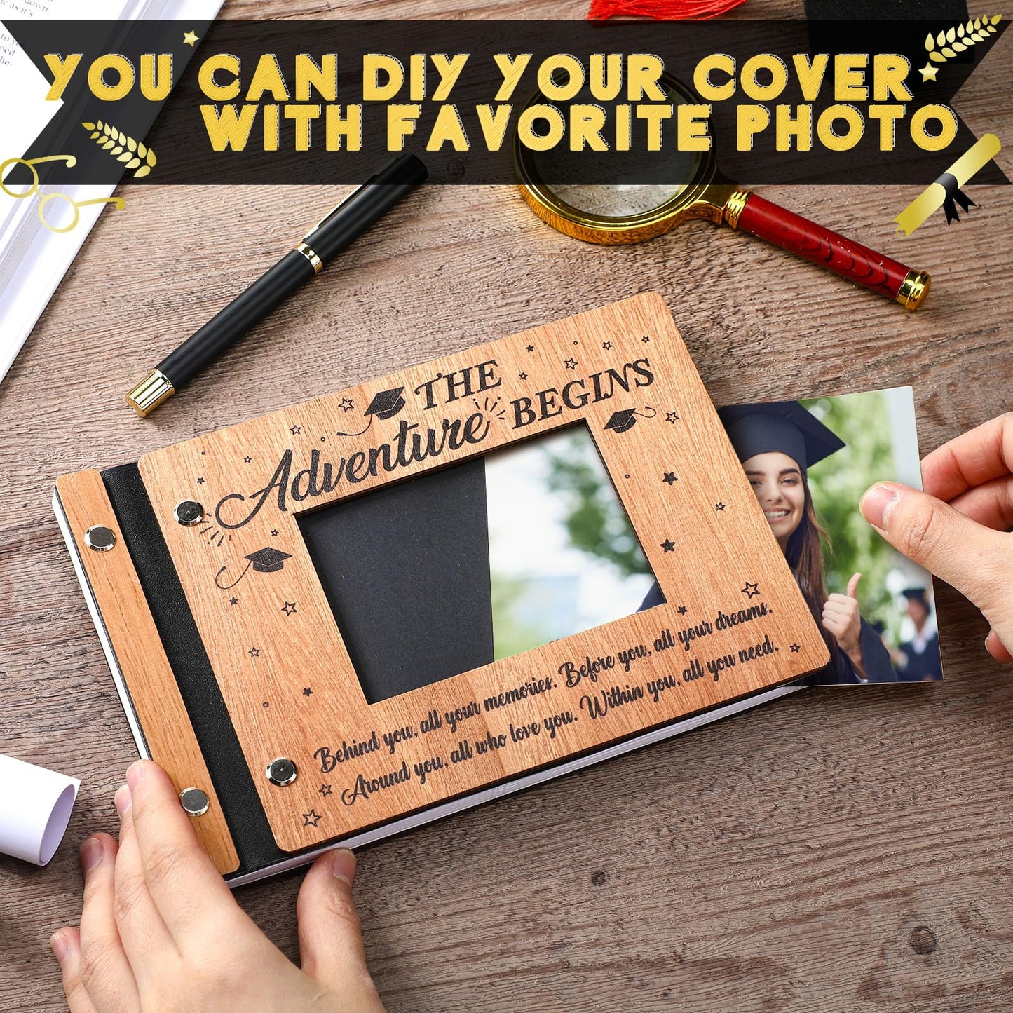Skyygemm Graduation Wooden Guest Book with Pen 8 x 6 Inches 120 Pages Class of 2026 Memory Scrapbook Photo Album Signature Party Sign in Book Graduation Gift for Grad Party Supplies